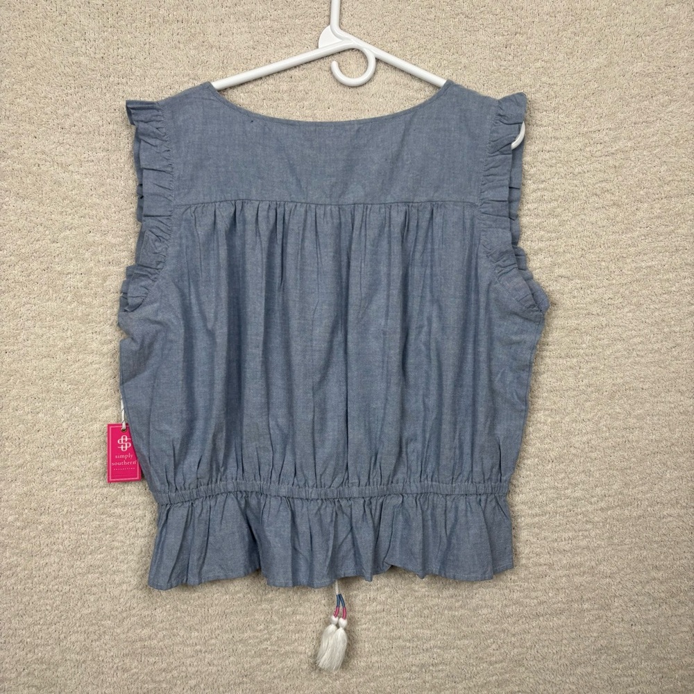 Simply Southern Top X-Large Blue Smocked Ruffle Chambray Blouse 100% Cotton - Picture 6 of 10